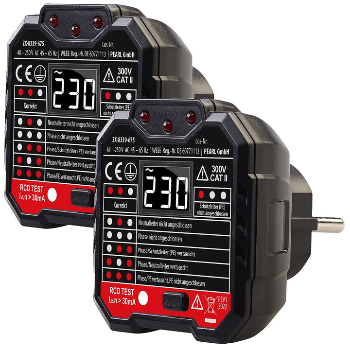 revolt Tester für Steckdose: 2er-Set Steckdosentester, LCD-Display, RCD-Test, LED-Anzeige, 48-250 V