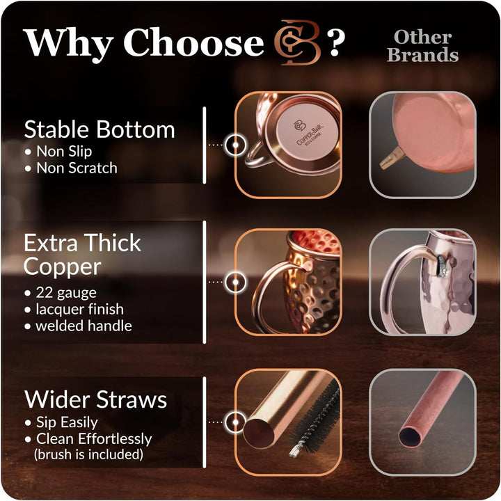 Copper-Bar Moscow Mule Kupferbecher – Set von 4 – 100 % handgefertigten, reinen massiven Kupferbeche