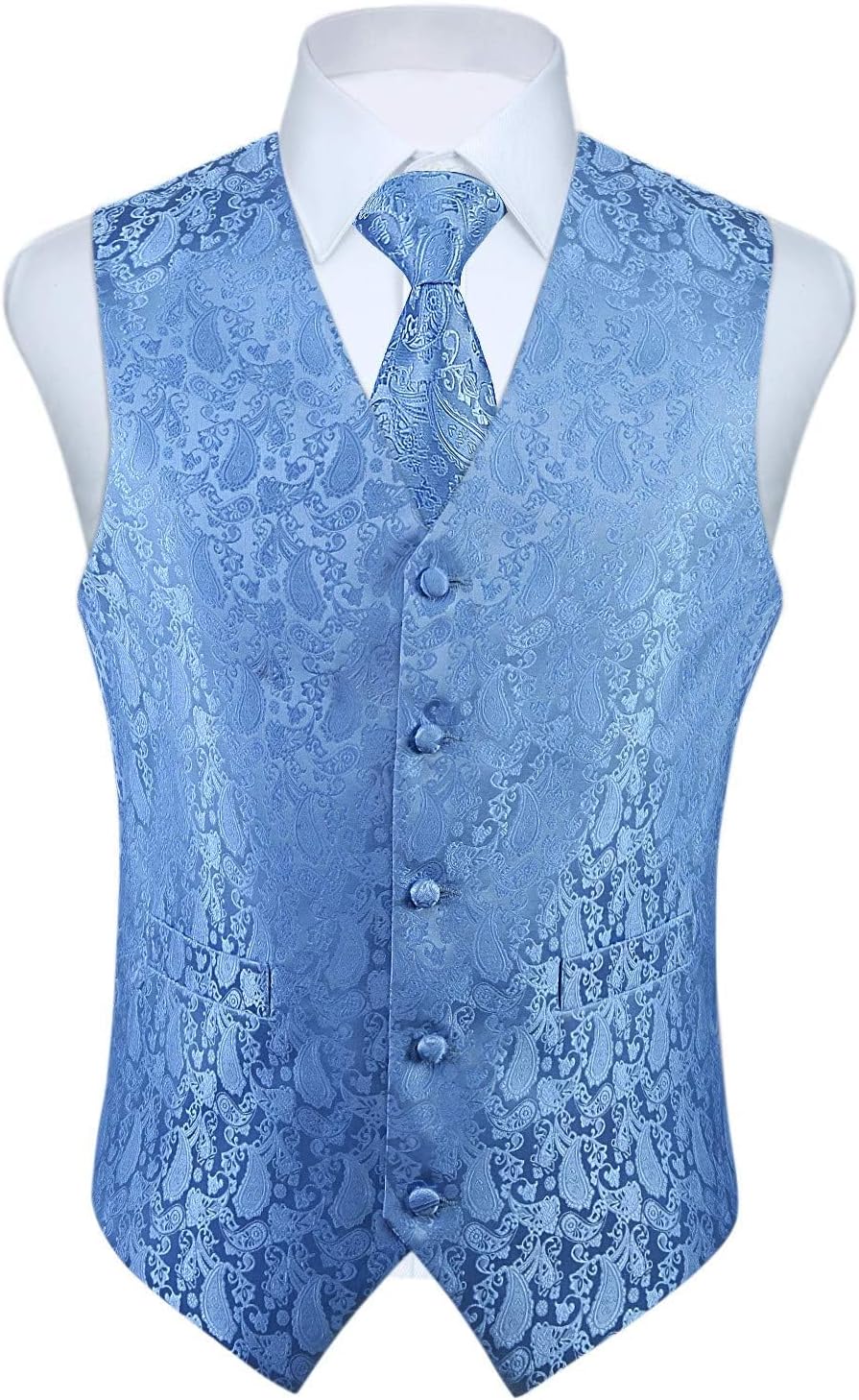HISDERN Herren Weste Paisley Floral Jacquard Krawatte Einstecktuch Taschentuch Weste Anzug Set XL He