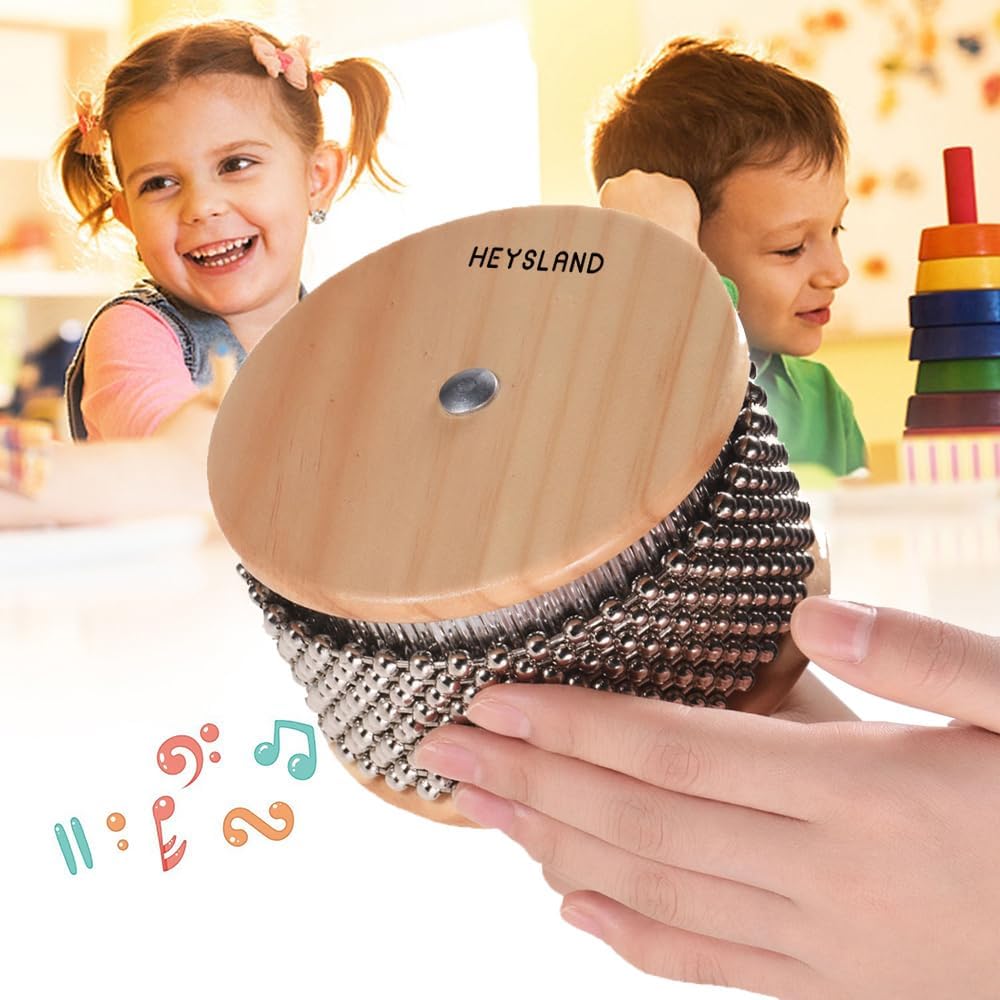 Heysland Cabasa-Percussion-Musikinstrument aus Holz, Metallperlenkette und Zylinder, Pop-Hand-Shaker