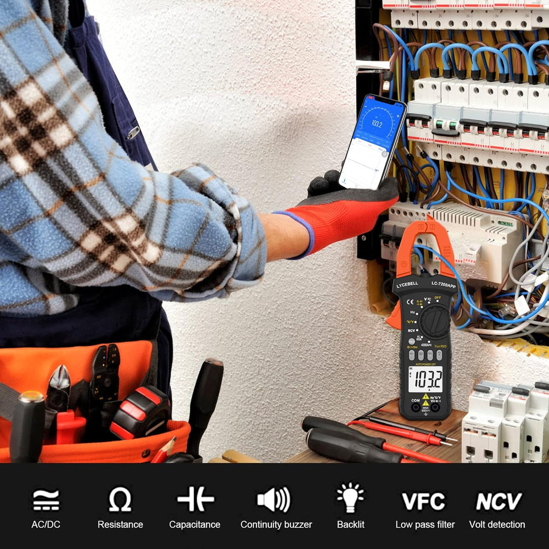LYCEBELL Bluetooth Stromzange Multimeter, LC-7200APP TRMS 6000 Zähl Zangenmultimeter NCV-Test, Messe