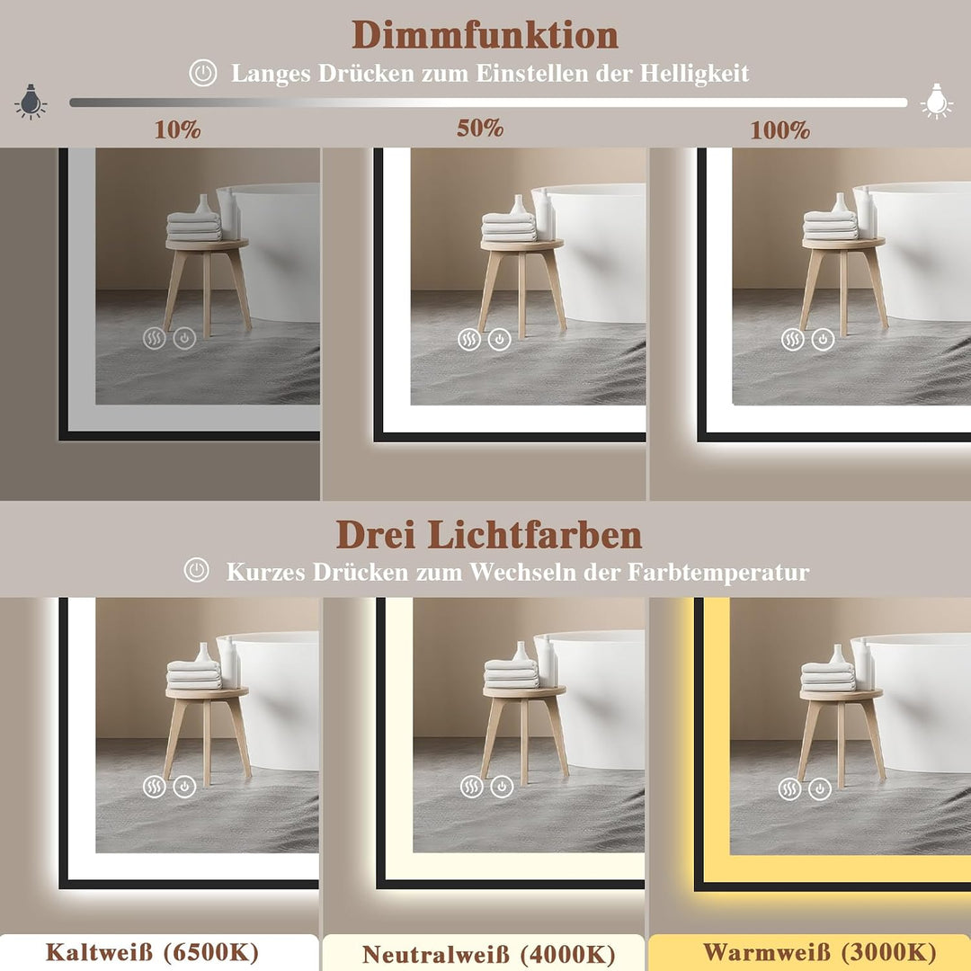 Badspiegel-mit-Beleuchtung 60x60cm - Badezimmerspiegel LED Badezimmer Spiegel mit Beleuchtung - Besc