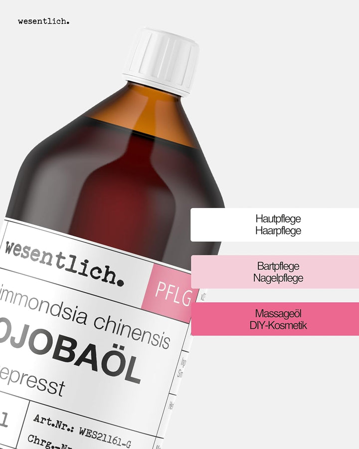 wesentlich. Jojobaöl kaltgepresst 1000ml | nativ - 100% reines Jojobaöl | vegan | Haut - Haare - Bar