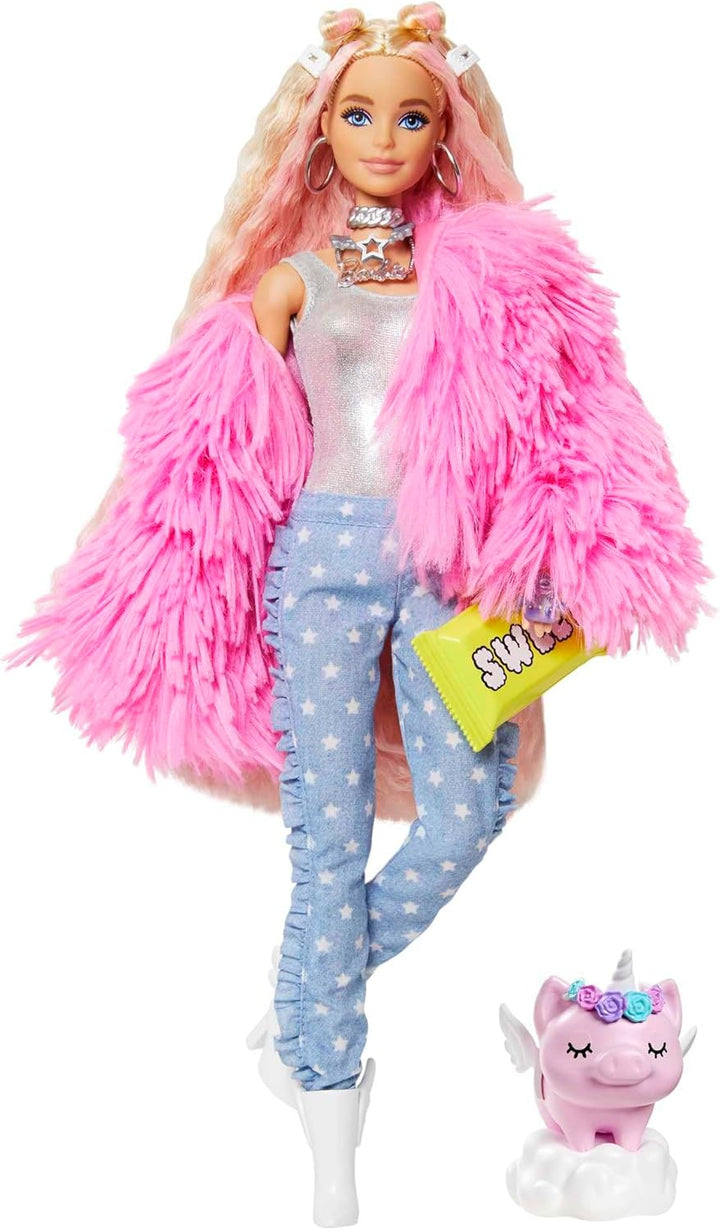 Barbie Extra, Barbie Puppe mit extra langen Haaren, inkl. Barbie Kleidung wie flauschiger Mantel und