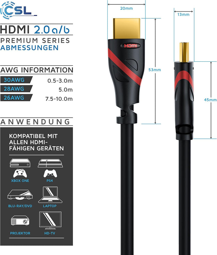 CSL - 4K HDMI Kabel 2.0 10m - Ultra HD 4K @ 60Hz - High Speed with Ethernet - Ultra HD Full HD - 3D