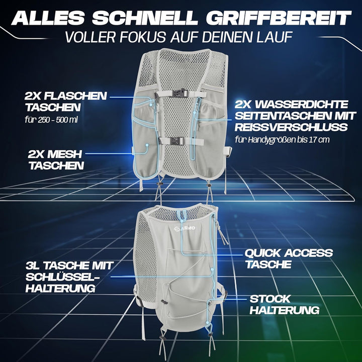 SASMO® Laufweste Damen & Herren 5L / 2L | Running Vest - Ultraleicht & atmungsaktiv| Laufrucksack Da