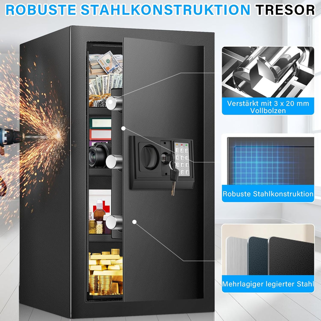 80L Tresor mit Feuerfester Dokumententasche, Feuerfest Safe Tresor mit Zahlenschloss, Ersatzschlüsse