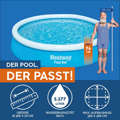 Bestway Fast Set Aufstellpool ohne Pumpe Ø 366 x 76 cm, blau, rund Einzeln, Einzeln
