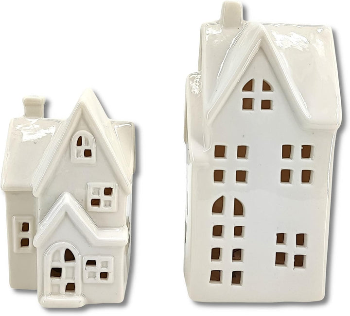 Keramik LED Haus - Lichthaus weiss glänzend 2er Set
