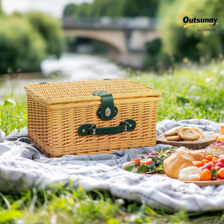 Outsunny Picknickkorb aus Weidenholz Besteck Set mit Isoliert Kühlfach für 2 Personen Picknick Set,