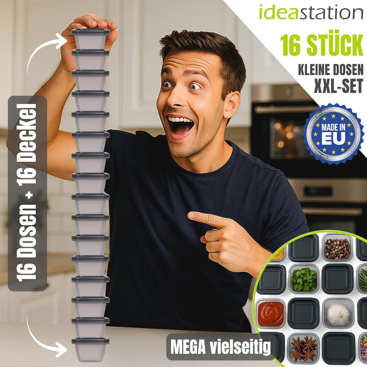 idea-station Gefrierdosen klein 16 x 100 ml - anthrazit - BPA-freie mini Vorratsdosen mit Deckel - b