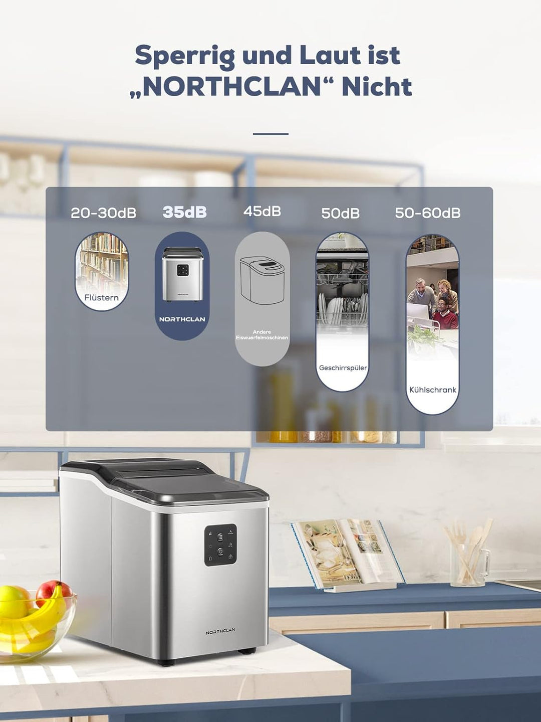 NORTHCLAN Eiswürfelmaschine mit 2 Eiswürfelgrössen, 12 kg 24 St, 9 Eiswürfel in 6 Minuten, Selbstrei
