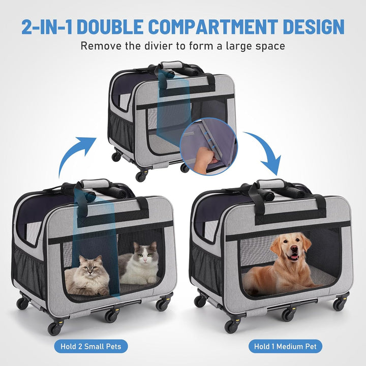 FASNATI Extra grosse Haustiertrage mit zwei Fächern und abnehmbaren Rädern für Katze/Hund, zusammenk