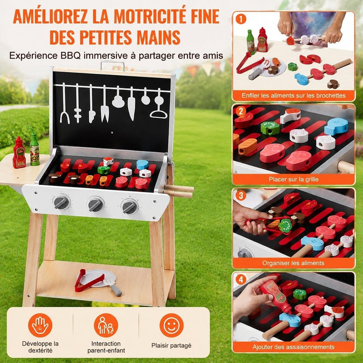 BBQ Grill Spielzeugset aus Holz 21-teilig mit Spiellebensmitteln und Grillzubehör für Rollenspiel Kü