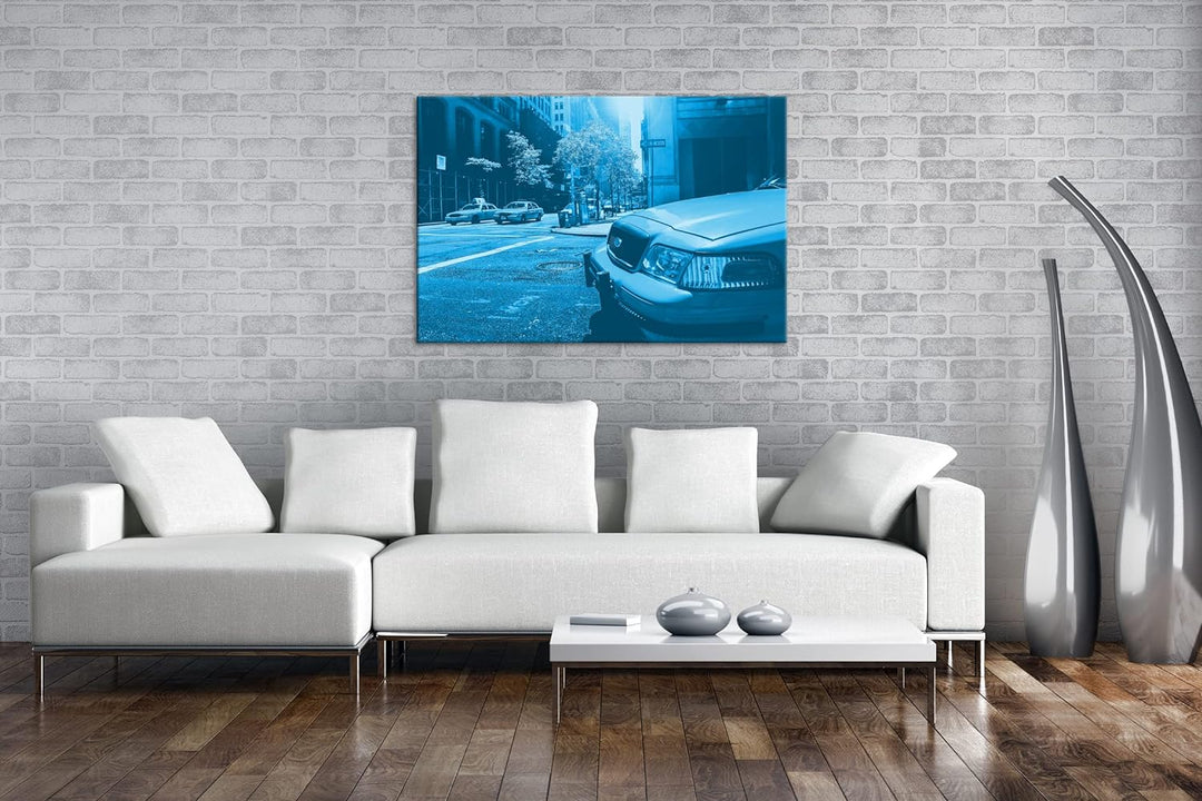 deyoli klassische Taxis in New York Format 80x60 Effekt: Monocrome Blau als Leinwandbild, Motiv fert