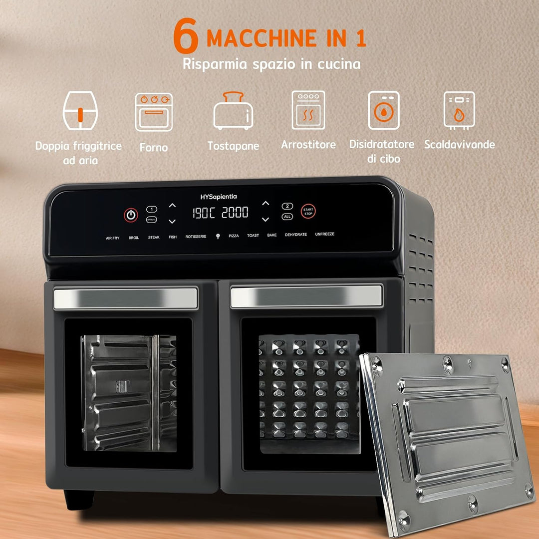 HYSapientia 22 Liter Backofen Heissluftfritteuse Doppelkorb Heissluftfritteuse 2400W Luftfritteuse 2