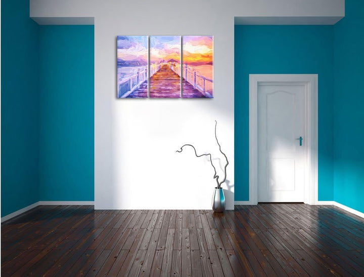 Pixxprint Steg ins Meer bei Sonnenuntergang als Leinwandbild/Grösse: 3 Teilig (120x80) cm/Wandbild/K
