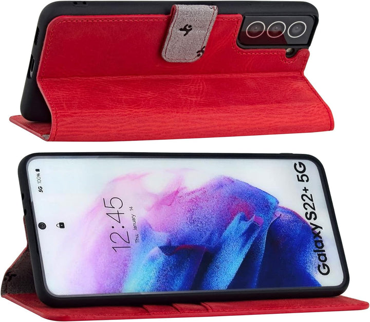 Suncase Book-Style Hülle kompatibel mit Samsung Galaxy S22 Plus 5G Leder Tasche (Slim-Fit) Lederhüll