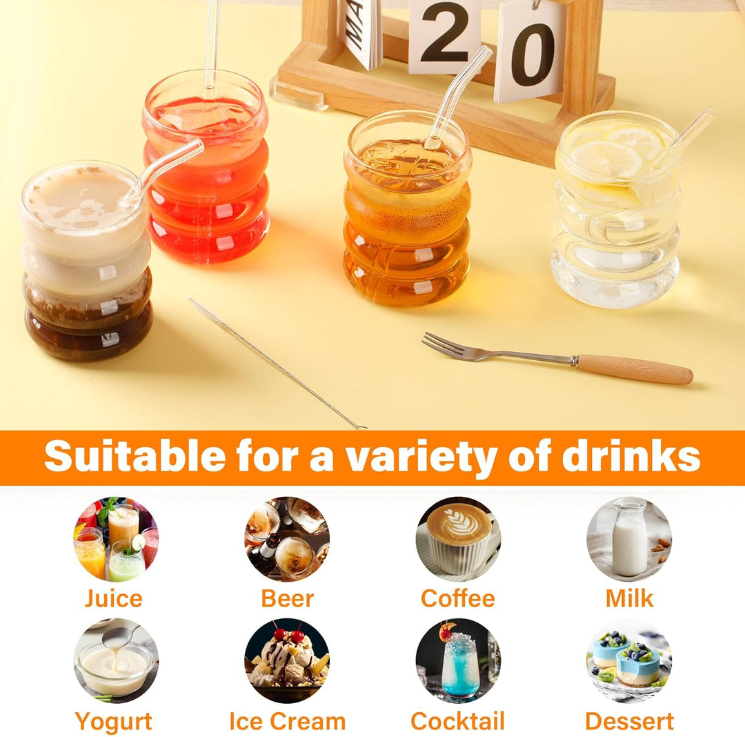 Withosent 300ml Bubble Gläser mit Strohhalm, 4er Gerippte Trinkgläser Set, Wave Gläser Tumbler Glasb