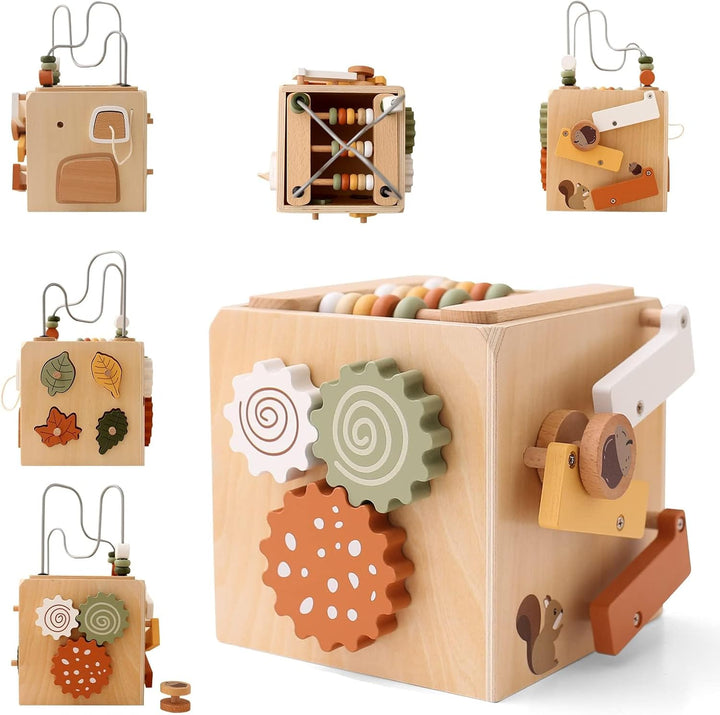 WOODEN TEETHER Montessori Motorikwürfel holzspielzeug Montessori Spielzeug 6 in 1（Naturholzfarbe Akt