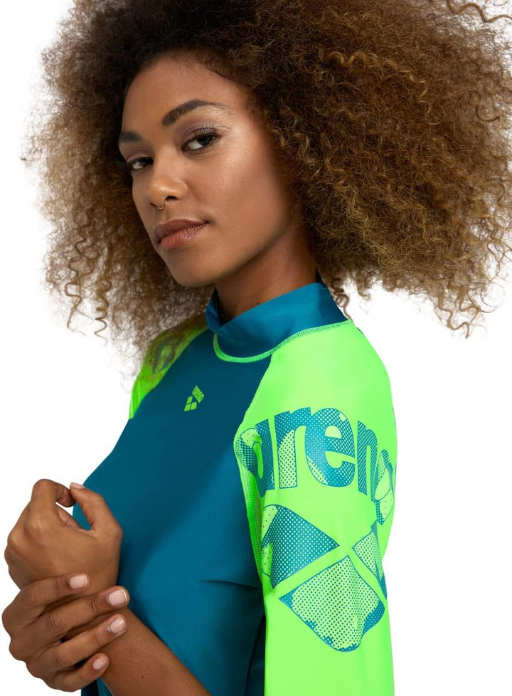 ARENA Damen Women's Vest S/S Graphic Rash Guard Shirt XS Deep Teal-soft Green, XS Deep Teal-soft Gre
