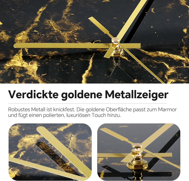 VIKMARI Schwarze moderne Marmor-Textur-Uhr, goldene Zeiger, rustikale Küchendekoration, 30.5 cm, Wan