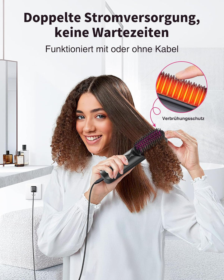 Bopcal Glättbürste Kabellos 10000mAh, 3 in 1 Haarglätter Bürste mit Millionen Negative Ionen, Wieder