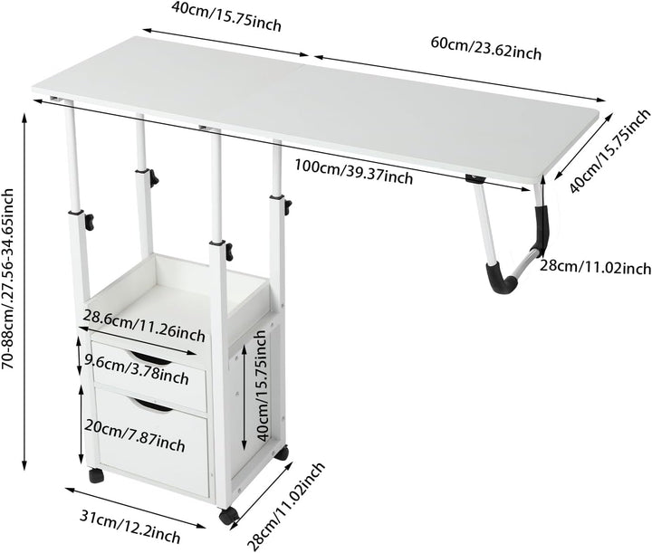Mobiler Nachttisch 100X40cm Betttisch Mit Rollen HöHenverstellbarer Bettschreibtisch Bis 20kg Beiste