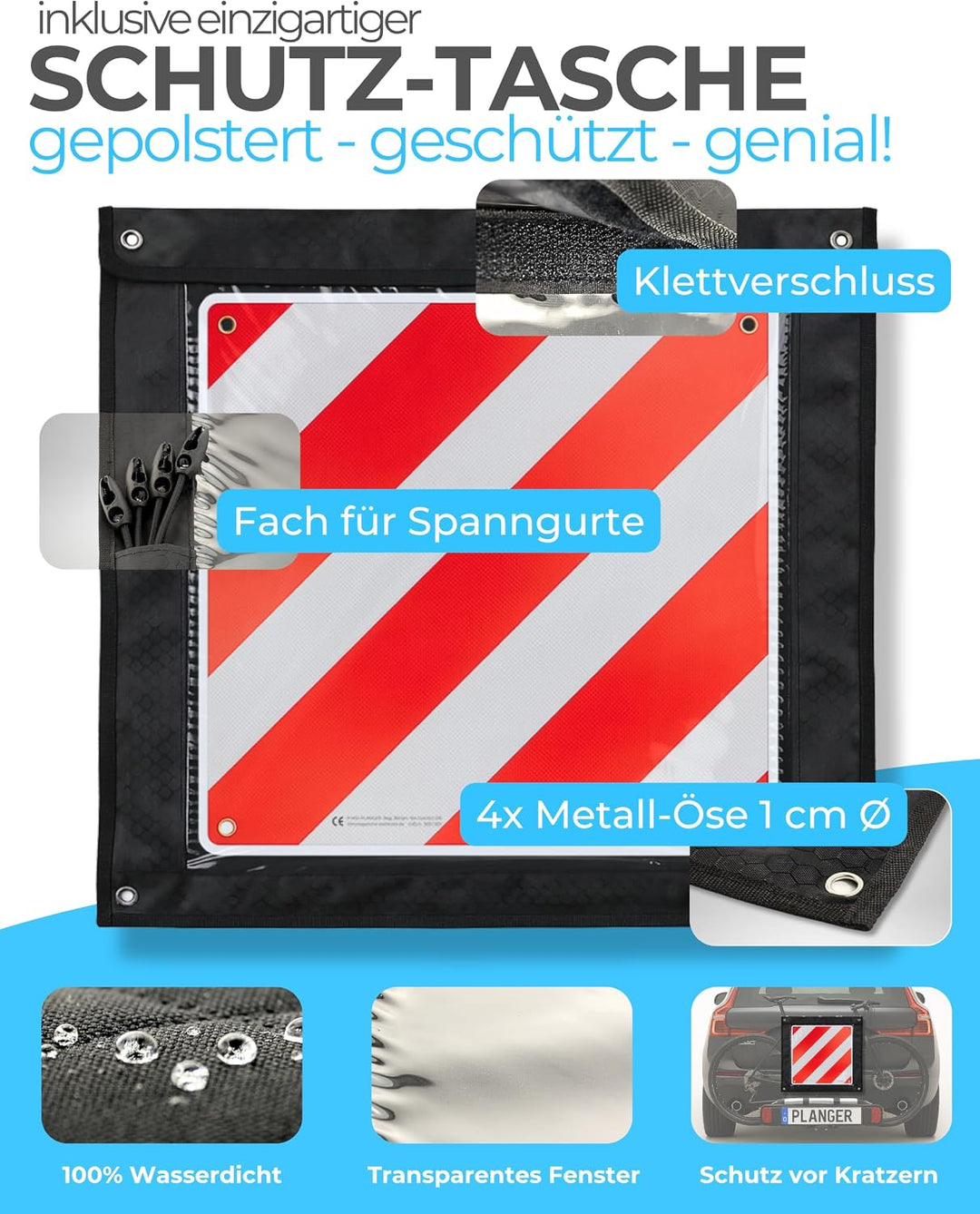 PLANGER® - Warntafel Italien und Spanien + Tasche 2in1 (50 x 50 cm) - Reflektierendes Warnschild rot