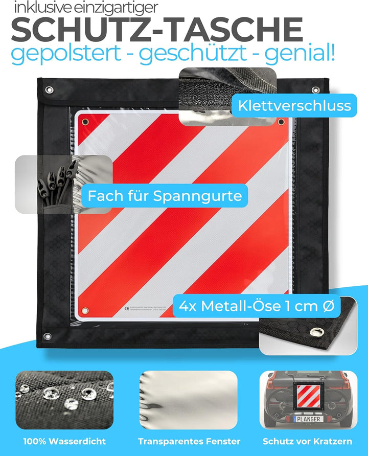 PLANGER® - Warntafel Italien und Spanien + Tasche 2in1 (50 x 50 cm) - Reflektierendes Warnschild rot