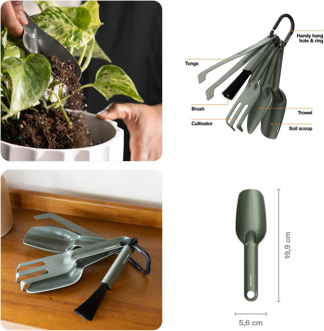 Fiskars Urban Plant Care Pflanzwerkzeuge Set, 5-TLG, All-in-One-Kit für Zimmerpflanzen, Platzsparend