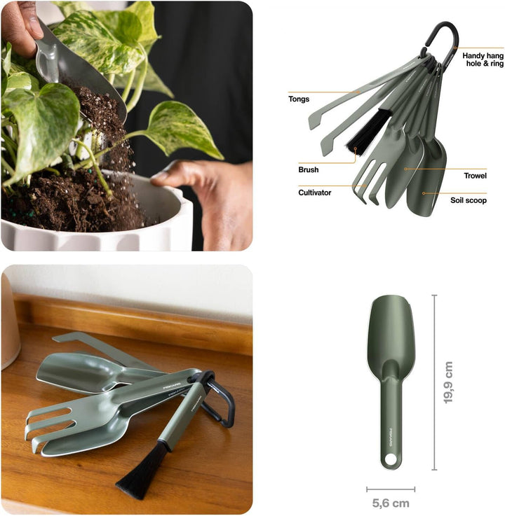 Fiskars Urban Plant Care Pflanzwerkzeuge Set, 5-TLG, All-in-One-Kit für Zimmerpflanzen, Platzsparend
