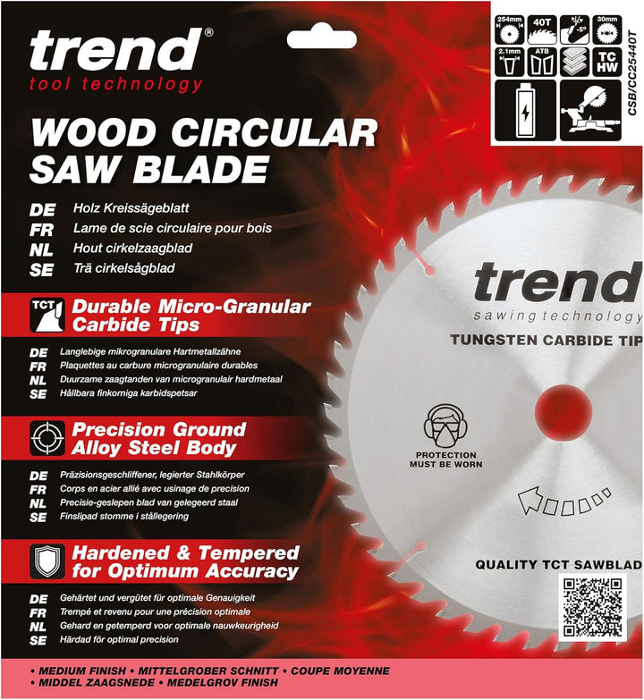 Trend CraftPro Negativhaken Querschnitts-TCT-Sägeblatt, 254mm x 40 Zähne x 30mm Bohrung, Hartmetallb