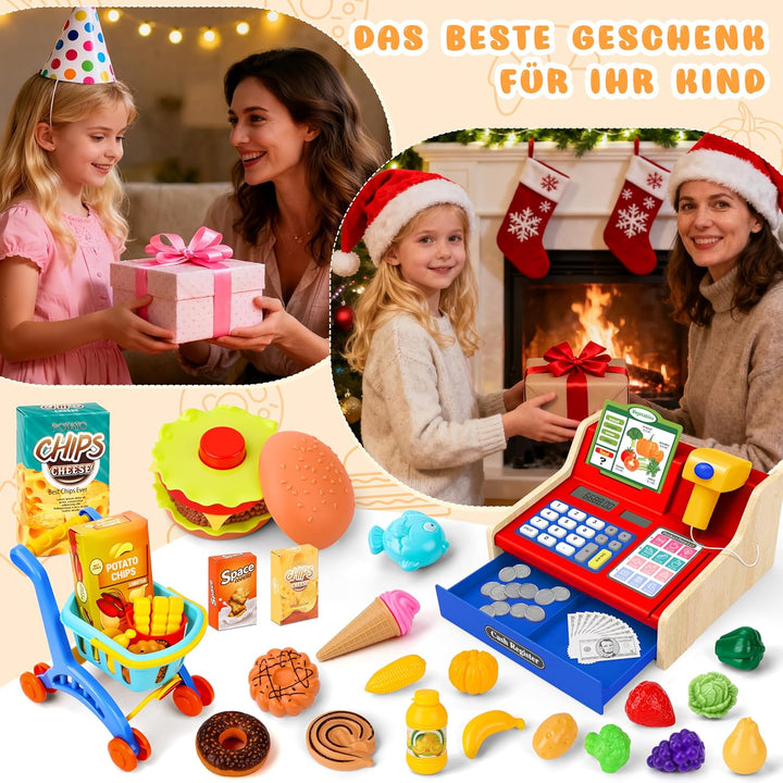 MOMOSTAR Kinderkasse, Spielkasse Kinder mit Scanner und Sound, Kasse Spielzeug Holz mit Spielgeld Ei