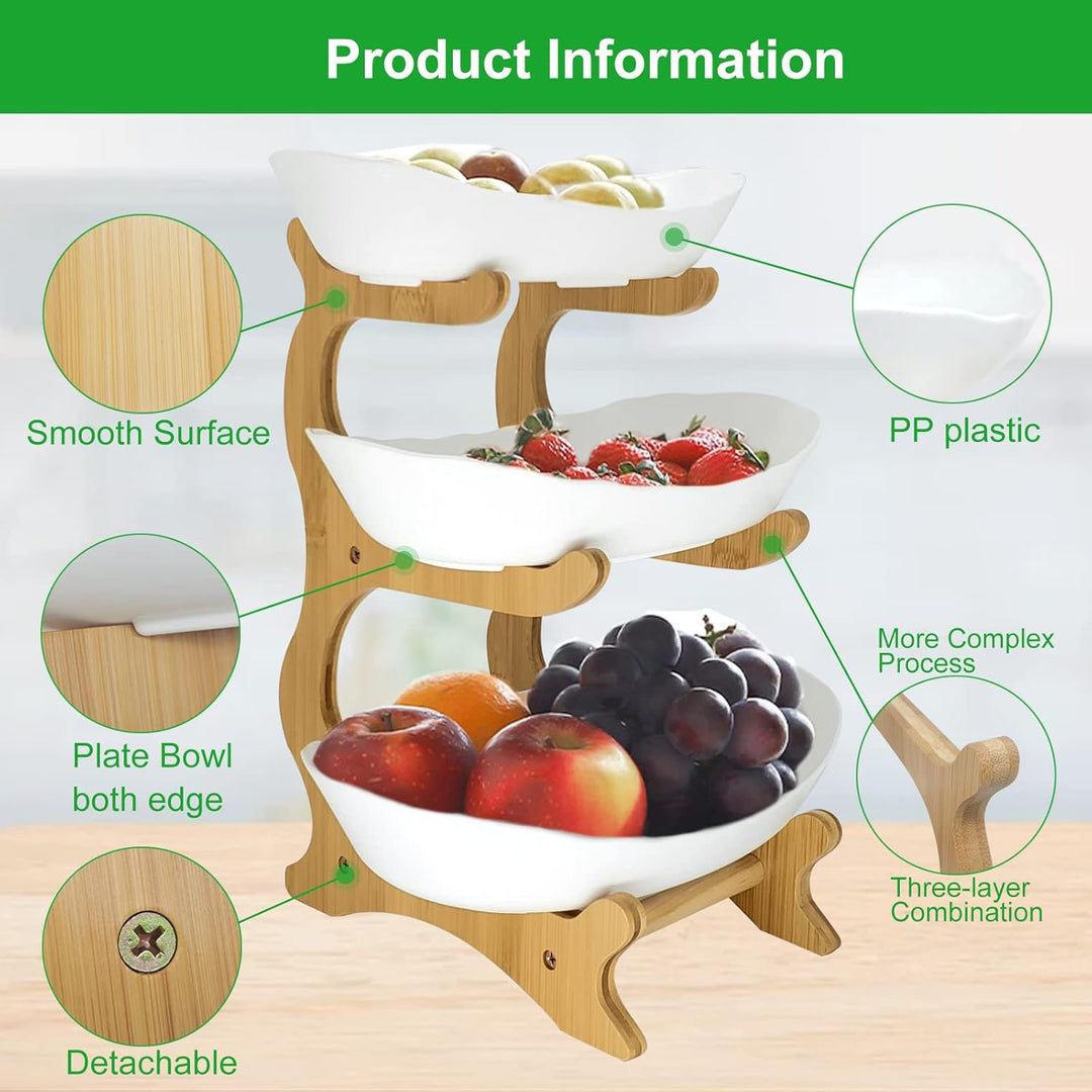 Obst Etagere 3 Stöckig mit Natürlichem Bambus Steher, PP Material Obstschale, Ständer Serviertelle f
