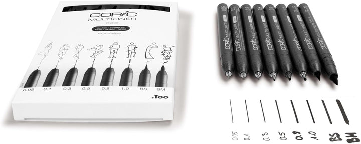 Copic Multiliner Set schwarz, 8 Stifte in 8 verschiedenen Strichstärken mit wasserfester Pigmenttint