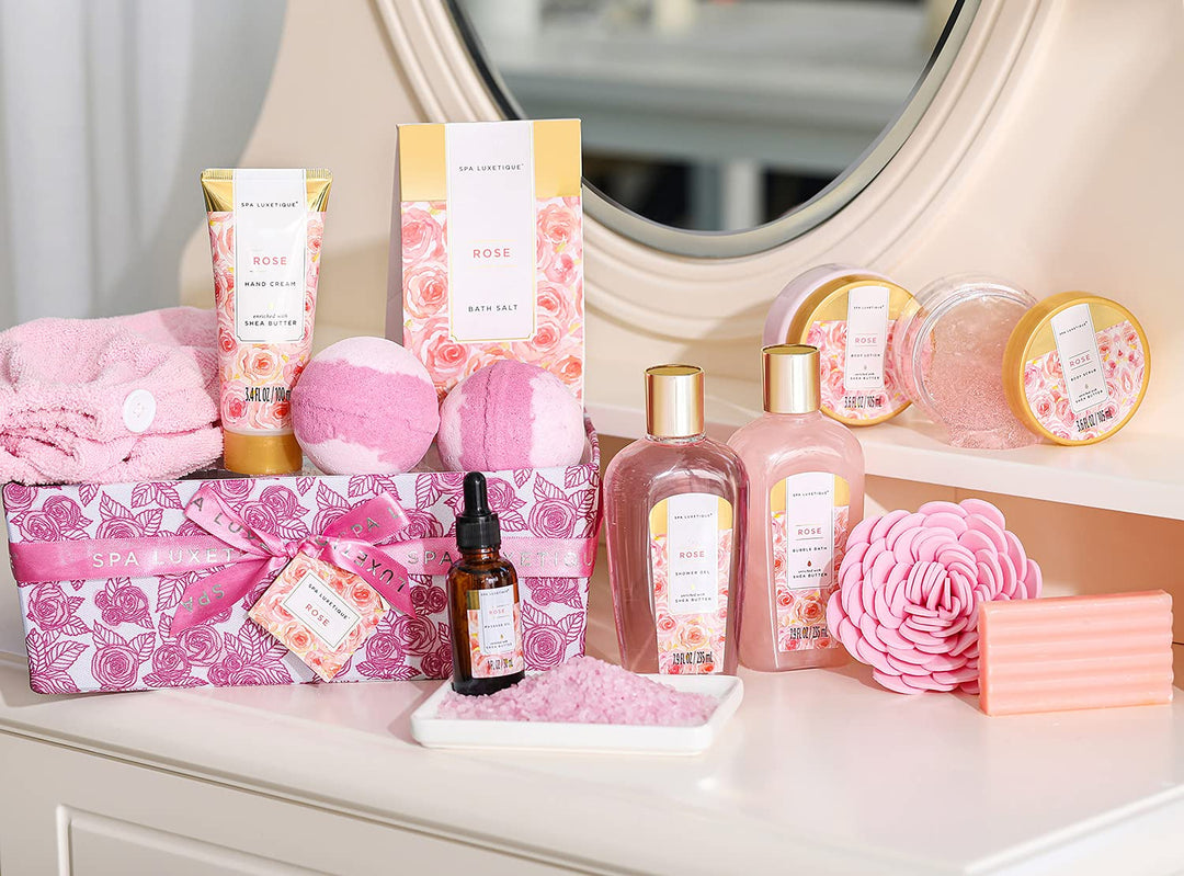 Geschenkkorb für Frauen, SPA LUXETIQUE 12tlg Rosenduft Bade Geschenkset, Valentinstag Geschenke für