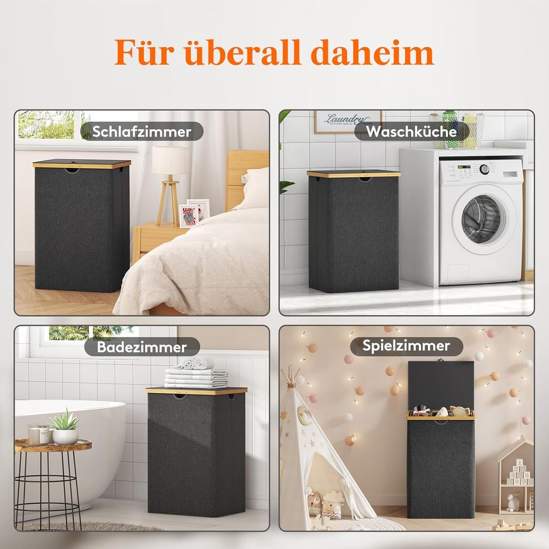 Lifewit 170L Bambus Wäschekorb mit Deckel, Faltbar Wäschesammler 3 Fächer Wäschesortierer mit Abnehm