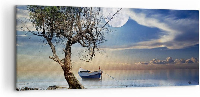 Wandbilder Dekoration Wohnzimmer Nacht Mond Boot Panorama Bilder auf Leinwand 120x50cm Leinwandbild