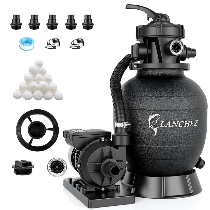 LANCHEZ Sandfilteranlage 9.000 L/h, 7-Wege-Ventil, 200g Filterbälle, Sandfilterkessel für Pool, Tank