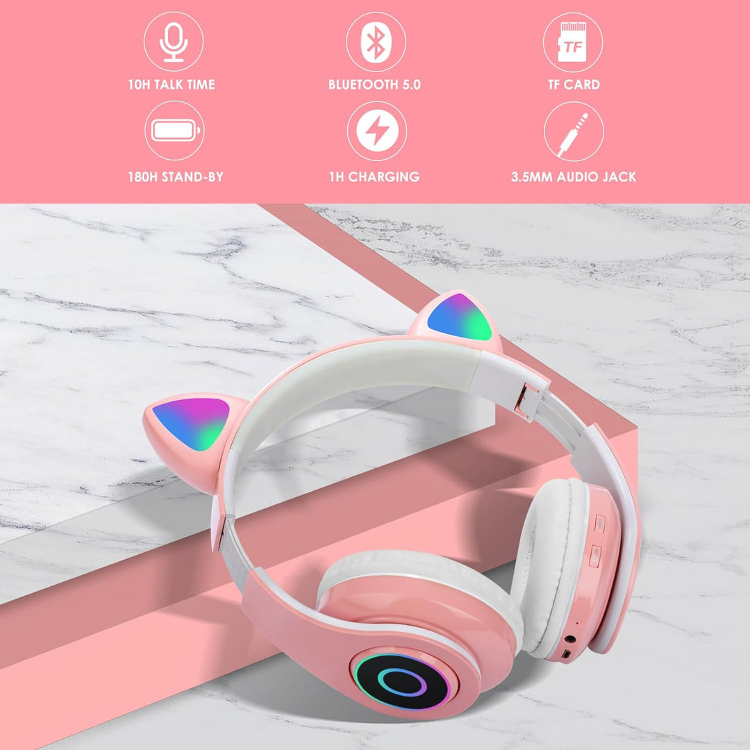 Sendowtek Bluetooth Kopfhörer für Kinder Mädchen Over Ear Niedlich Katzenohren LED Licht Kabellos Ko