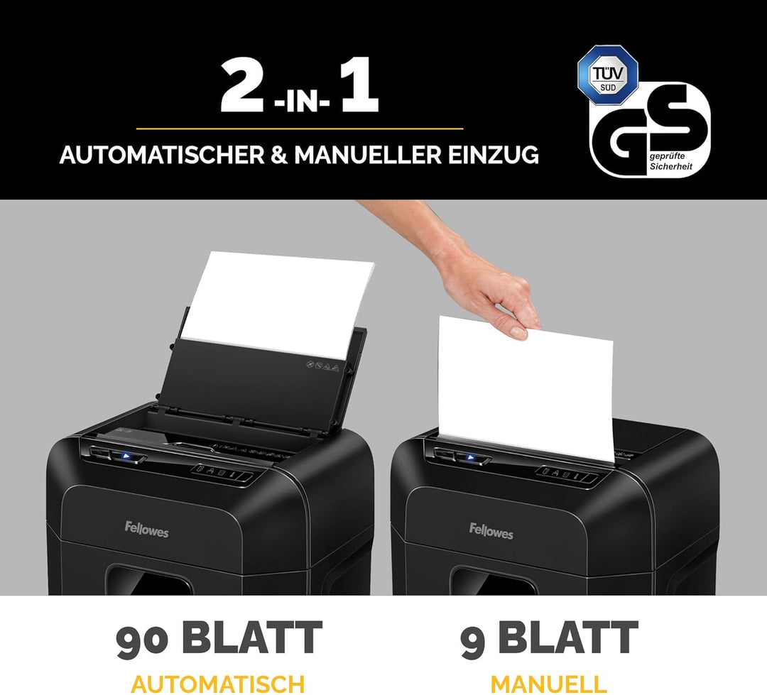 Fellowes Autofeed Aktenvernichter, AutoMax 90M, Minicut (P4), Papierschredder für Büro, Schredder, m