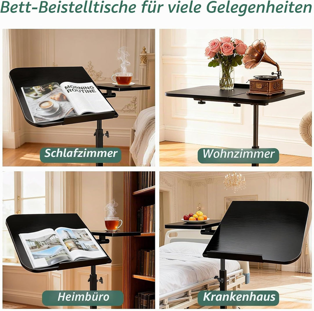 YYW Verstellbarer Nachttisch mit Rollen, geteilte Oberseite, neigbar, Nachttisch mit Tablett, Rollti