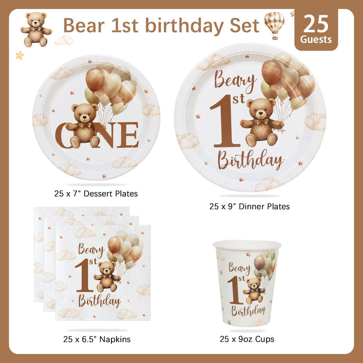 1. Geburtstag Junge Partygeschirr set für 25 Gäste, 100pcs Teddybär wiederverwendbare Pappteller für