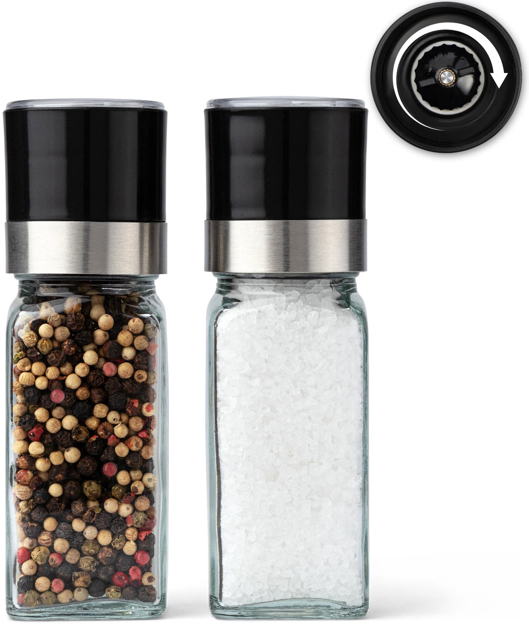 KIVY Salz und Pfeffermühle 2er Set + 8 Wasserfeste Label - Verstellbares Keramikmahlwerk - Gewürzmüh