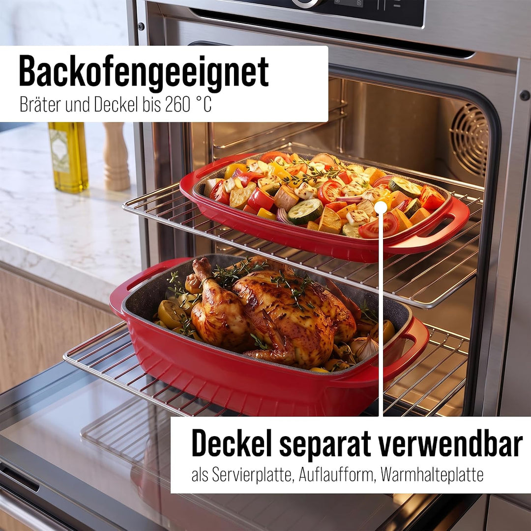 STONELINE Bräter Induktion 43 x 26 cm, 7,8 L, Bräter mit Deckel backofengeeignet, Deckel als Auflauf