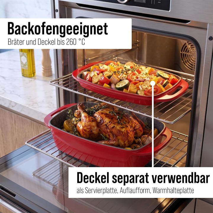 STONELINE Bräter Induktion 43 x 26 cm, 7,8 L, Bräter mit Deckel backofengeeignet, Deckel als Auflauf
