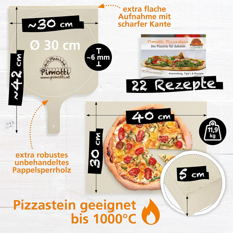 5cm Pimotti Pizzastein/Brotbackstein aus Schamott +Schaufel +Anleitung & Rezepte im