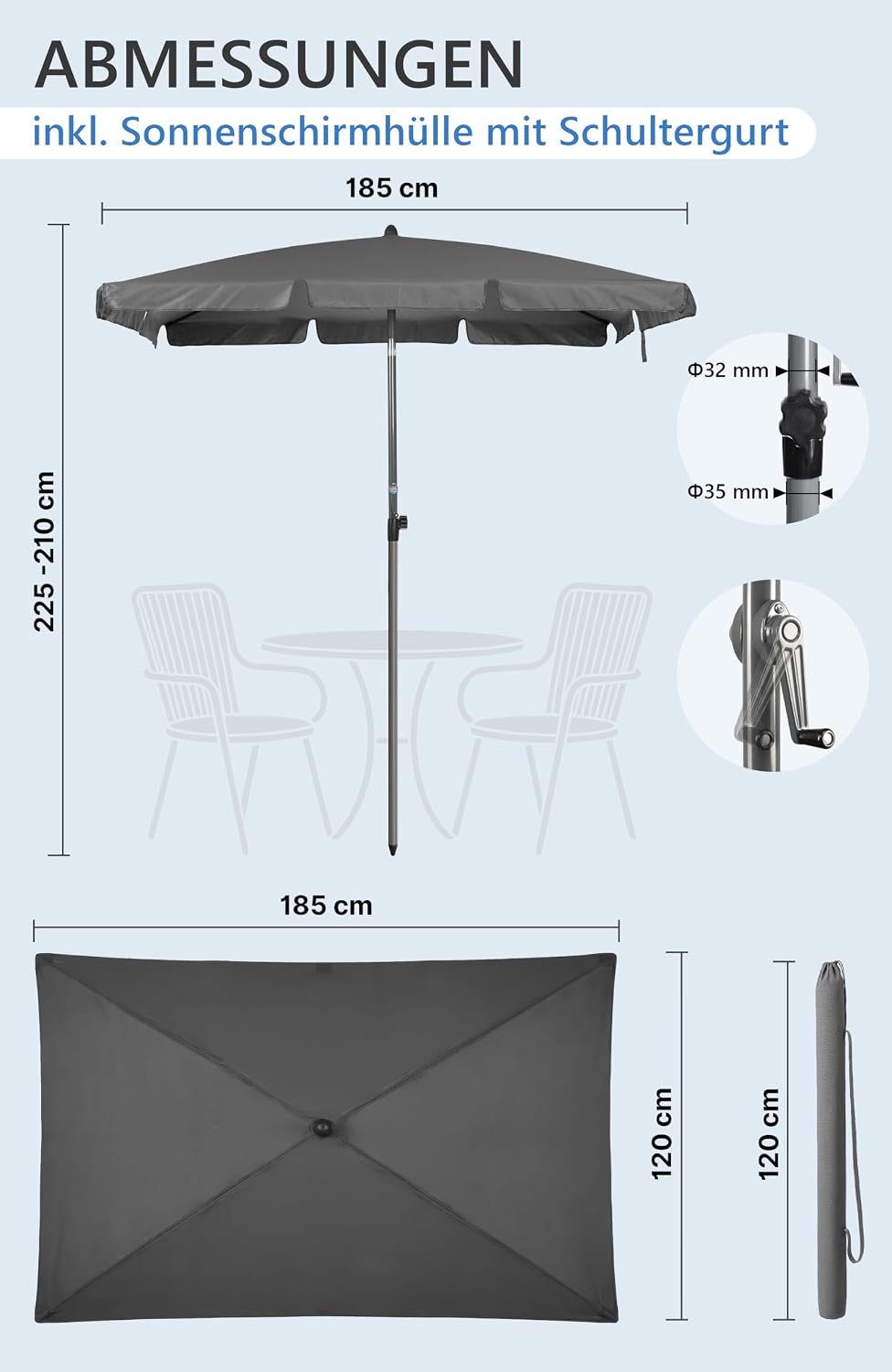 Menz SunnyShade Balkonschirm Roma mit Schutzhülle, Anthrazit, Sonnenschirm Balkon 200x125 cm, Sonnen