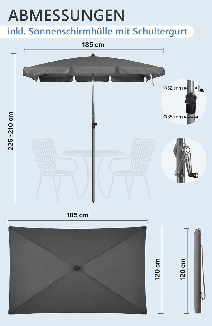 Menz SunnyShade Balkonschirm Roma mit Schutzhülle, Anthrazit, Sonnenschirm Balkon 200x125 cm, Sonnen